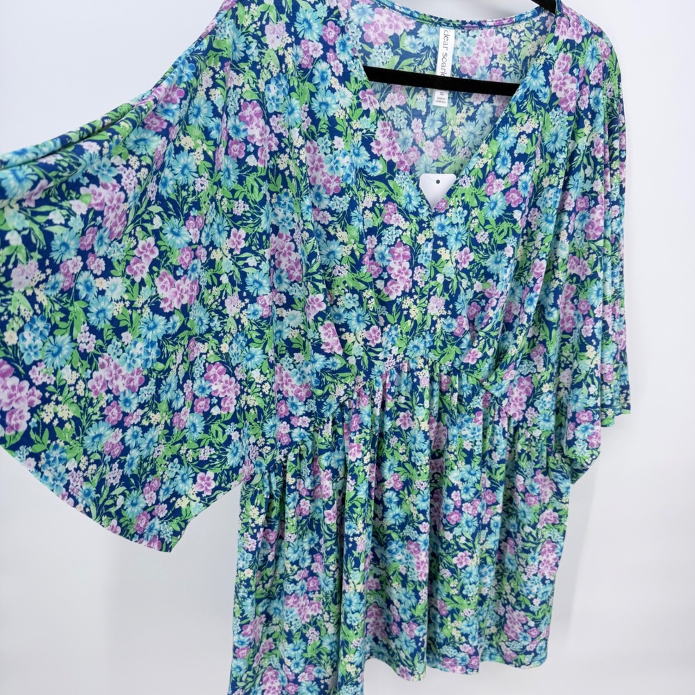 Floral V-Neck Smocked Waist Blouse - Blue / Pink - Picture 2 of 5